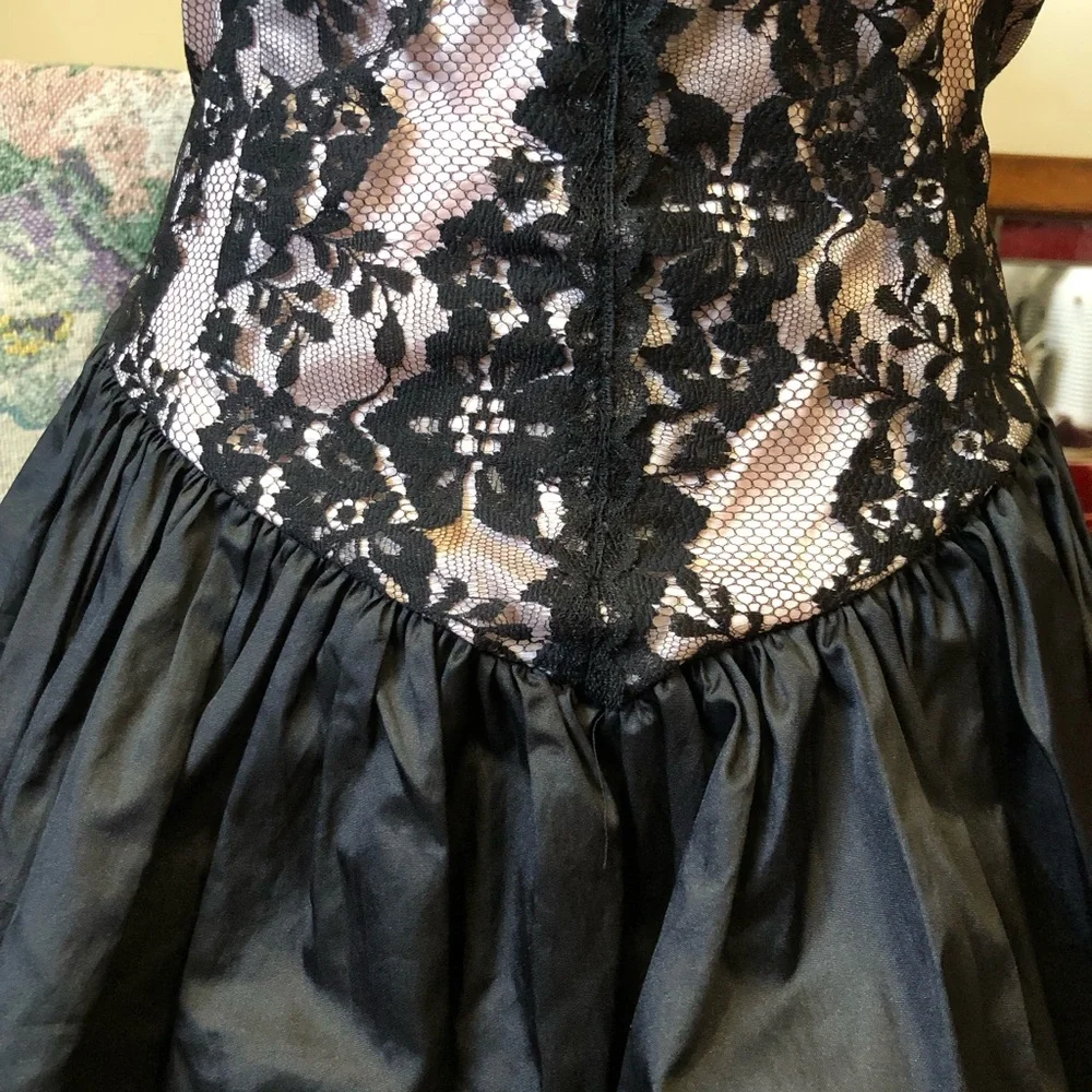 Gunne Sax Blush Pink and Black Lace Evening Dress